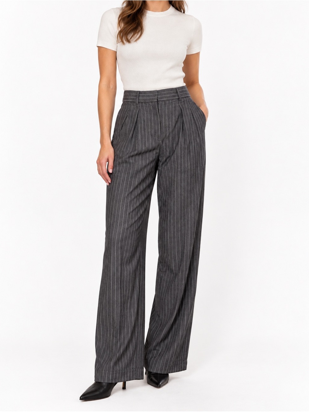 NWT $188 Bailey/44 High-Rise Pinstripe Wide-Leg Trousers Dark Gray XS Pleated